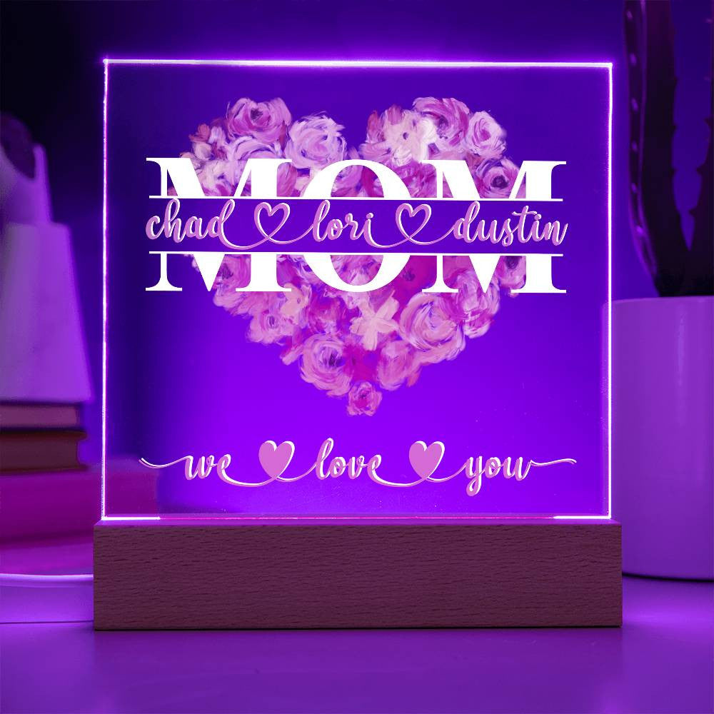 Personalized Gift for Mom, 2024, Gift for Mommy, First Mother’s Day, Birthday Unique Present Dog Kids Names Pastel Flower Pink Acrylic Square Plaque