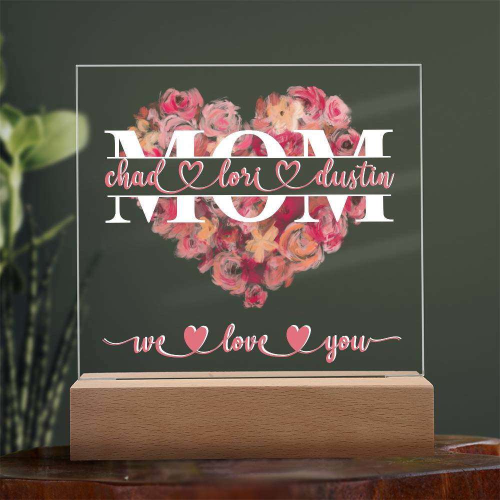 Personalized Gift for Mom, 2024, Gift for Mommy, First Mother’s Day, Birthday Unique Present Dog Kids Names Pastel Flower Pink Acrylic Square Plaque