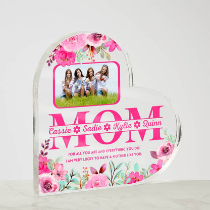 Personalized Gift for Mom, 2024, Mom Gift Ideas, Gift for Mommy, First Mother’s Day, Birthday Acrylic Plaque Unique Present Dog Kids Names Acrylic Heart Plaque