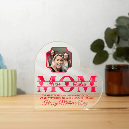 Mother's Day Mom Clear Acrylic Heart With Photo Personalized, Gift From Daughter