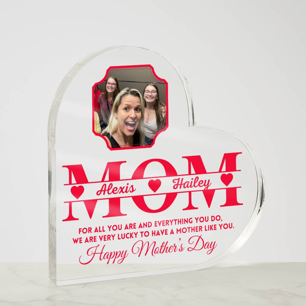 Mother's Day Mom Clear Acrylic Heart With Photo Personalized, Gift From Daughter