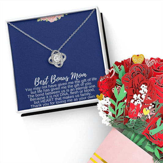 Bonus Mom Love Knot Necklace with Flower Bouquet Mother's Day Gift