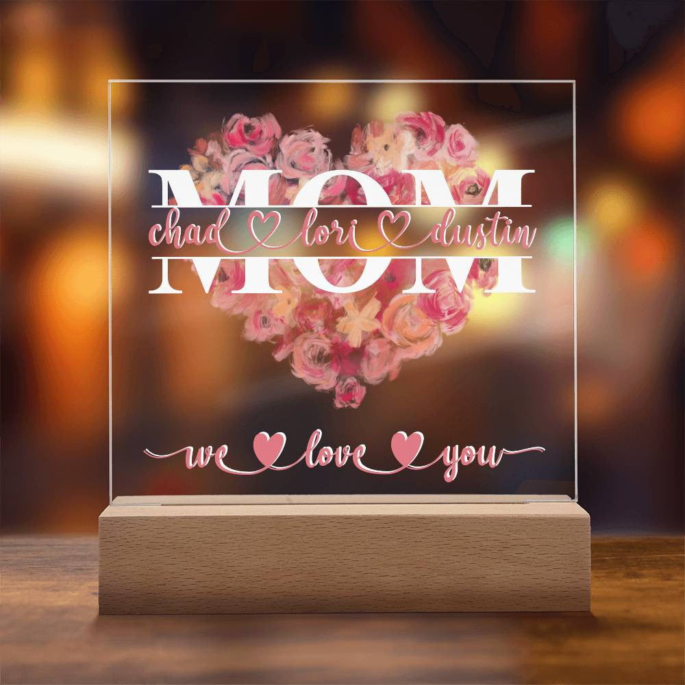 Personalized Gift for Mom, 2024, Gift for Mommy, First Mother’s Day, Birthday Unique Present Dog Kids Names Pastel Flower Pink Acrylic Square Plaque