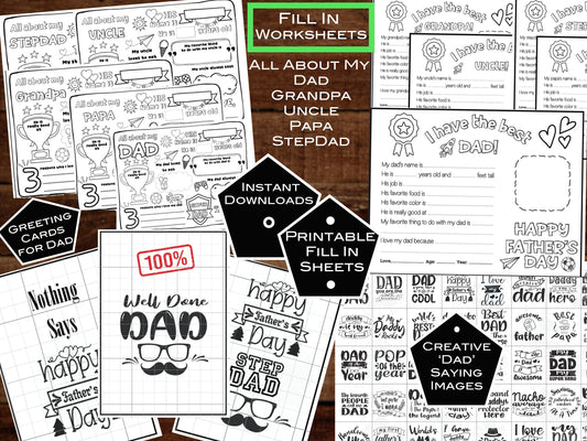 Dad Card Activity Coloring Printable All About Dad, Stepdad, Papa, Grandpa Uncle Instant Download "Fill in the Blank"