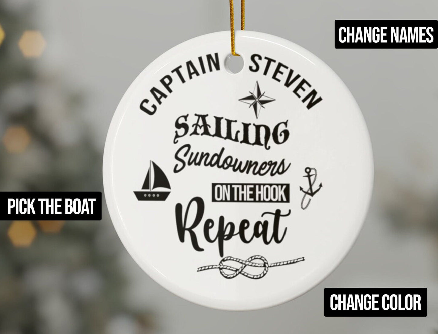 Personalized Nautical Ornament Sailing Captain Gift Boat Owner Custom present New Boating Decor Dads Holiday Anchor Couple Unique Keepsake