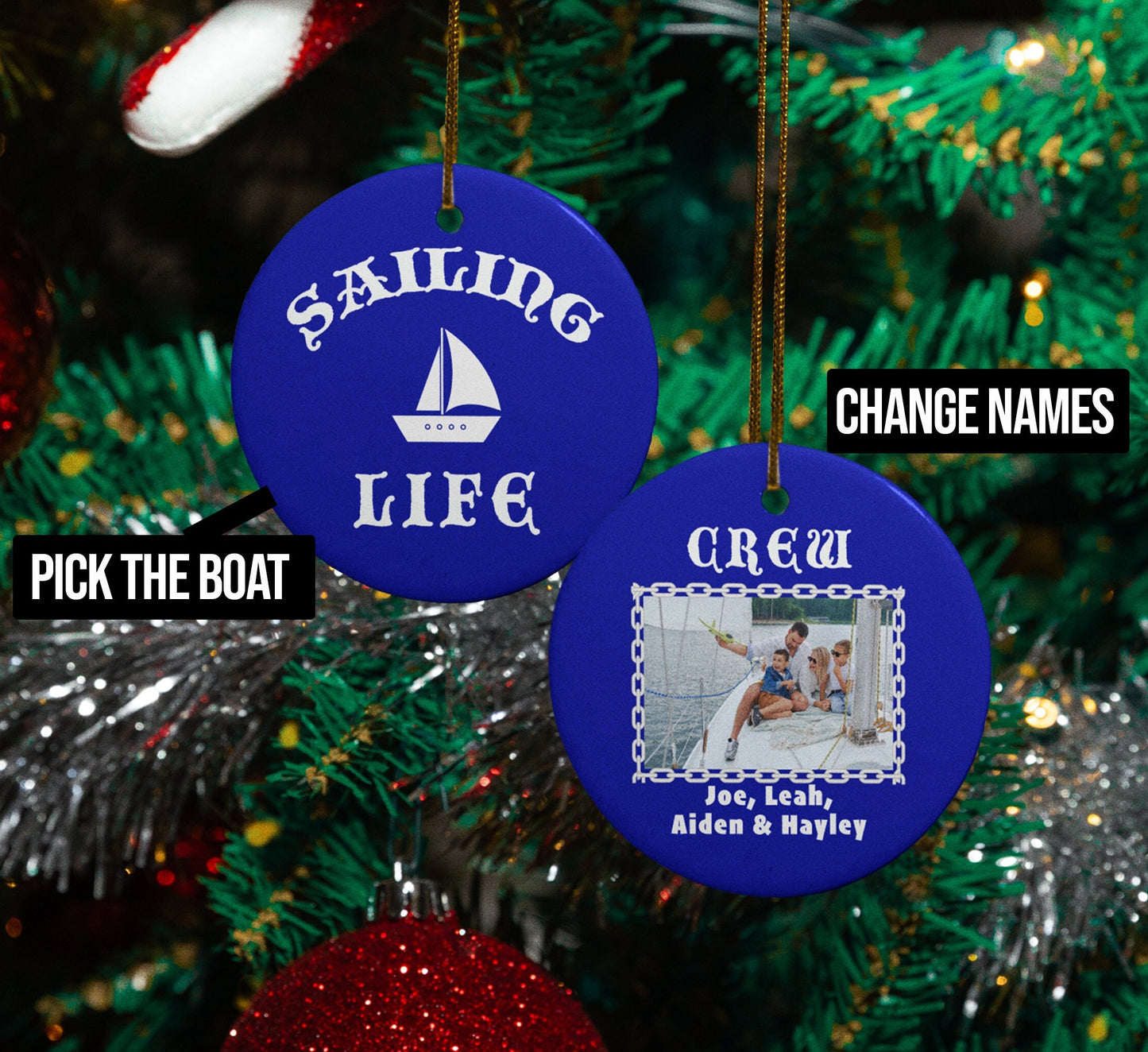 Personalized Sailing Ornament Nautical Gift Boat Owner Custom Present Boating Decor Captain Dads Family Anchor Couple Unique Keepsake Photo