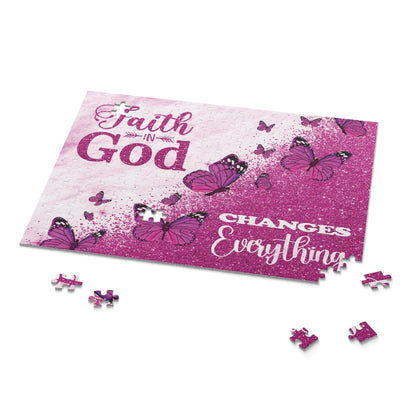 Glitter Butterfly Faith Puzzle 120, 252 or 500-Piece Purple Game Scripture Jigsaw Christian Art Inspiration Bible Verse Jesus Gift Religious