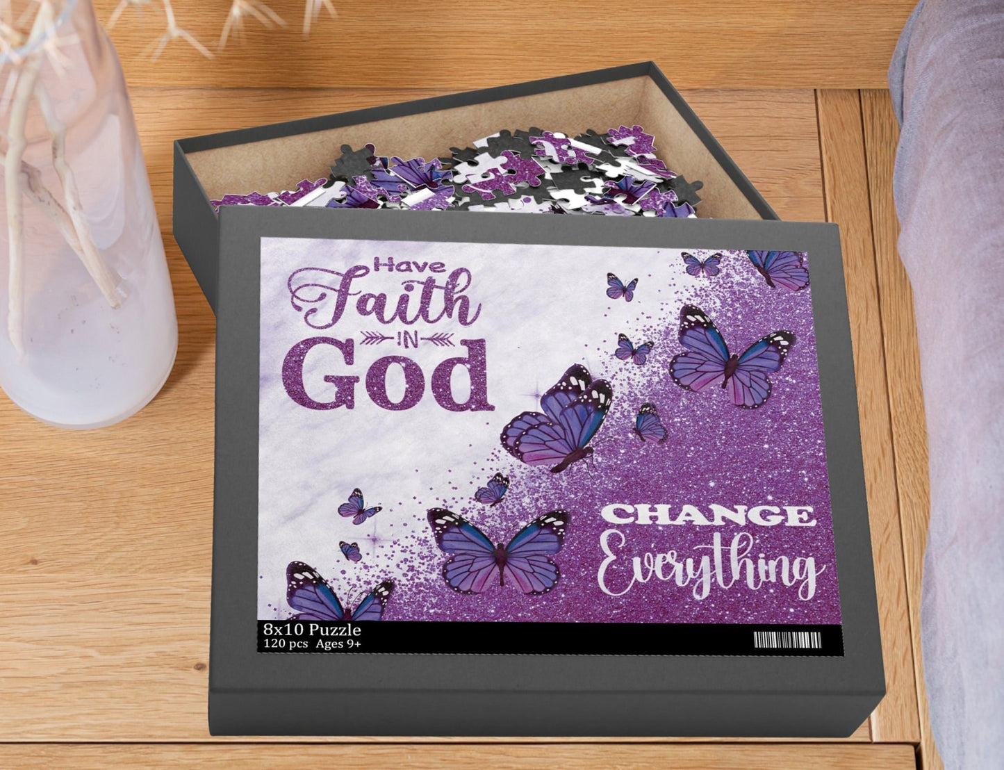 Glitter Butterfly Faith Puzzle 120, 252 or 500-Piece Purple Game Scripture Jigsaw Christian Art Inspiration Bible Verse Jesus Gift Religious