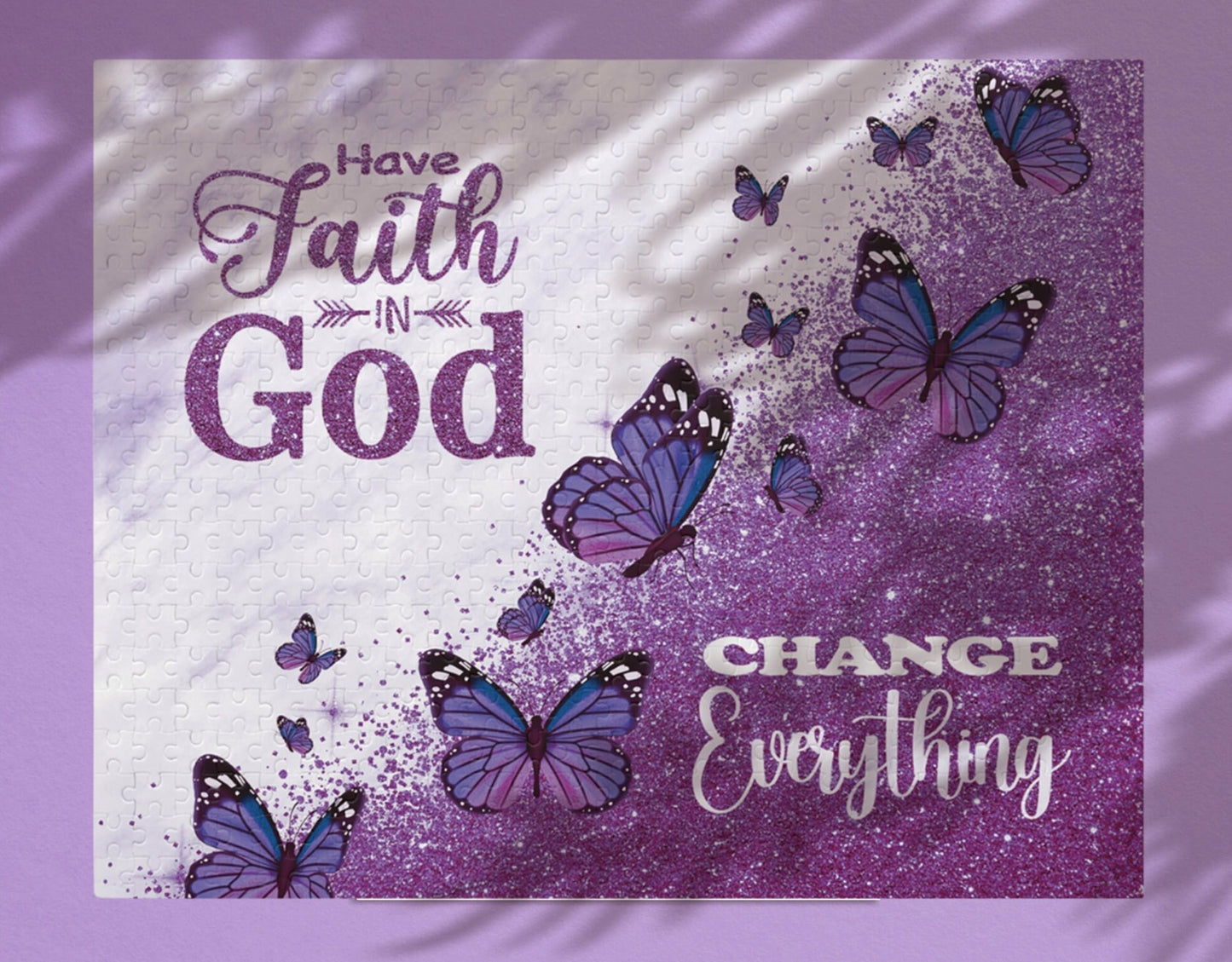 Glitter Butterfly Faith Puzzle 120, 252 or 500-Piece Purple Game Scripture Jigsaw Christian Art Inspiration Bible Verse Jesus Gift Religious