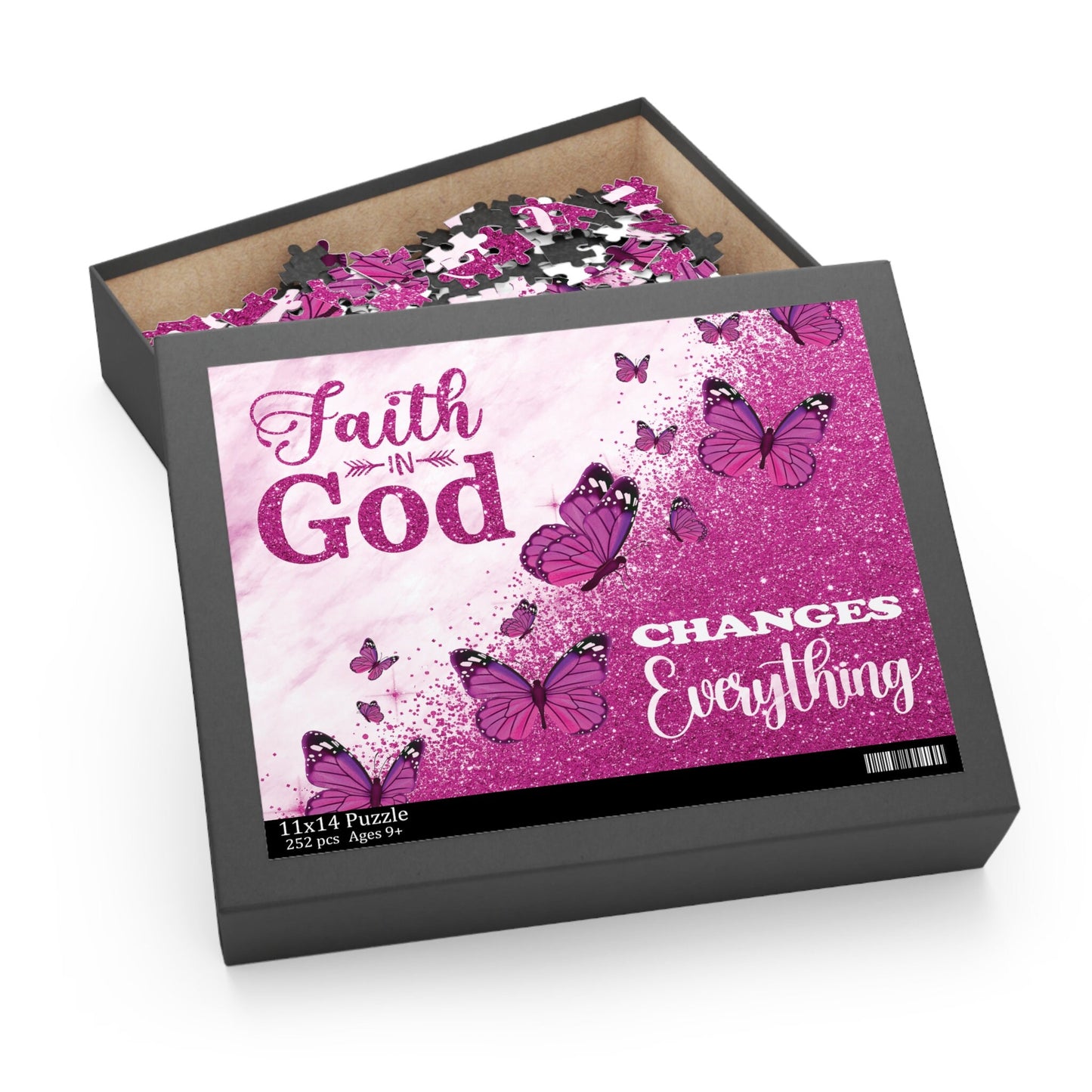 Glitter Butterfly Faith Puzzle 120, 252 or 500-Piece Purple Game Scripture Jigsaw Christian Art Inspiration Bible Verse Jesus Gift Religious