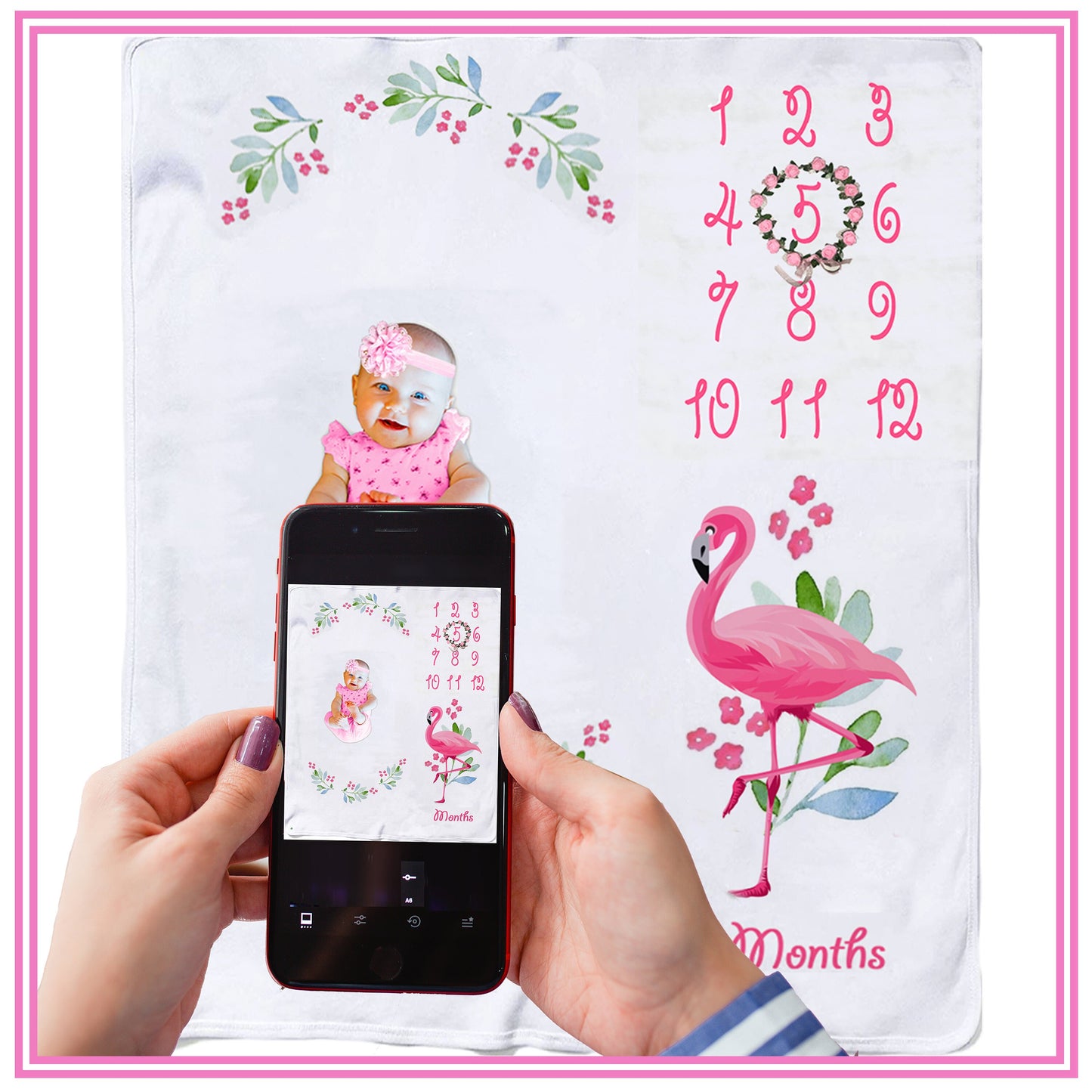 Personalized Flamingo Milestone Blanket Monthly Baby Girl Photo Prop Floral Nursery Decor, Pink Custom Name Newborn Shower Gift Soft Tracker