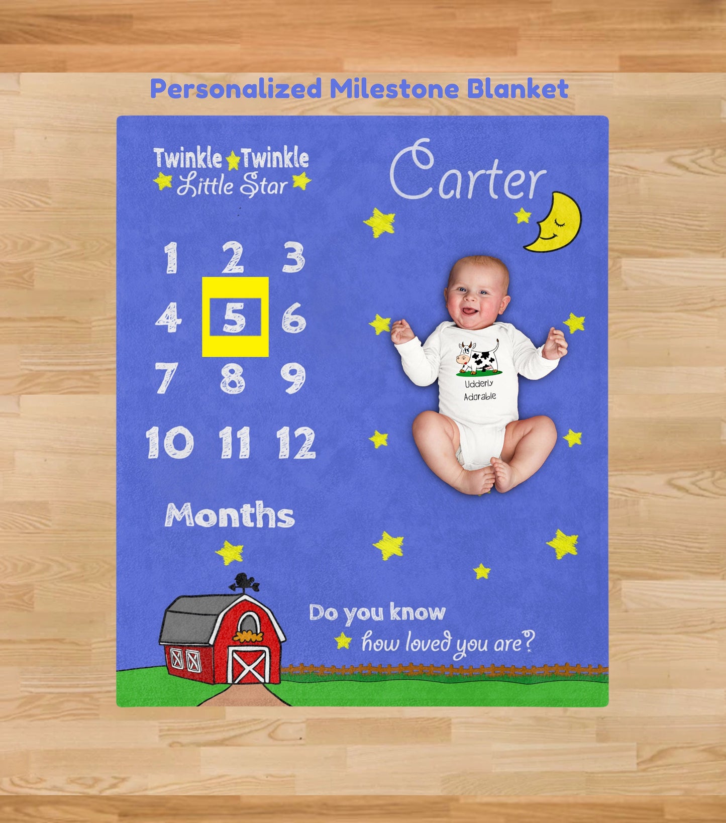 Personalize Monthly Farm Milestone Photo Blanket, Twinkle Little Star with Barn & Smiling Moon