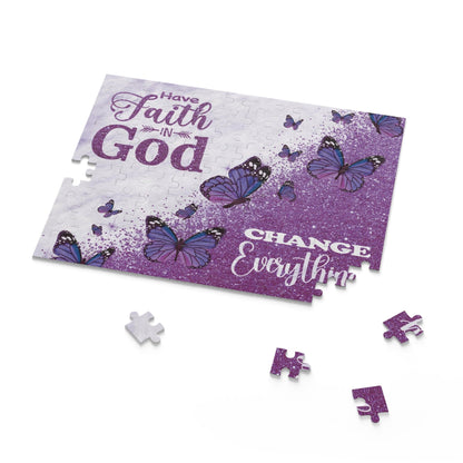 Glitter Butterfly Faith Puzzle 120, 252 or 500-Piece Purple Game Scripture Jigsaw Christian Art Inspiration Bible Verse Jesus Gift Religious