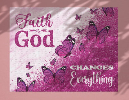 Glitter Butterfly Faith Puzzle 120, 252 or 500-Piece Purple Game Scripture Jigsaw Christian Art Inspiration Bible Verse Jesus Gift Religious