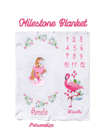 Personalized Flamingo Milestone Blanket Monthly Baby Girl Photo Prop Floral Nursery Decor, Pink Custom Name Newborn Shower Gift Soft Tracker