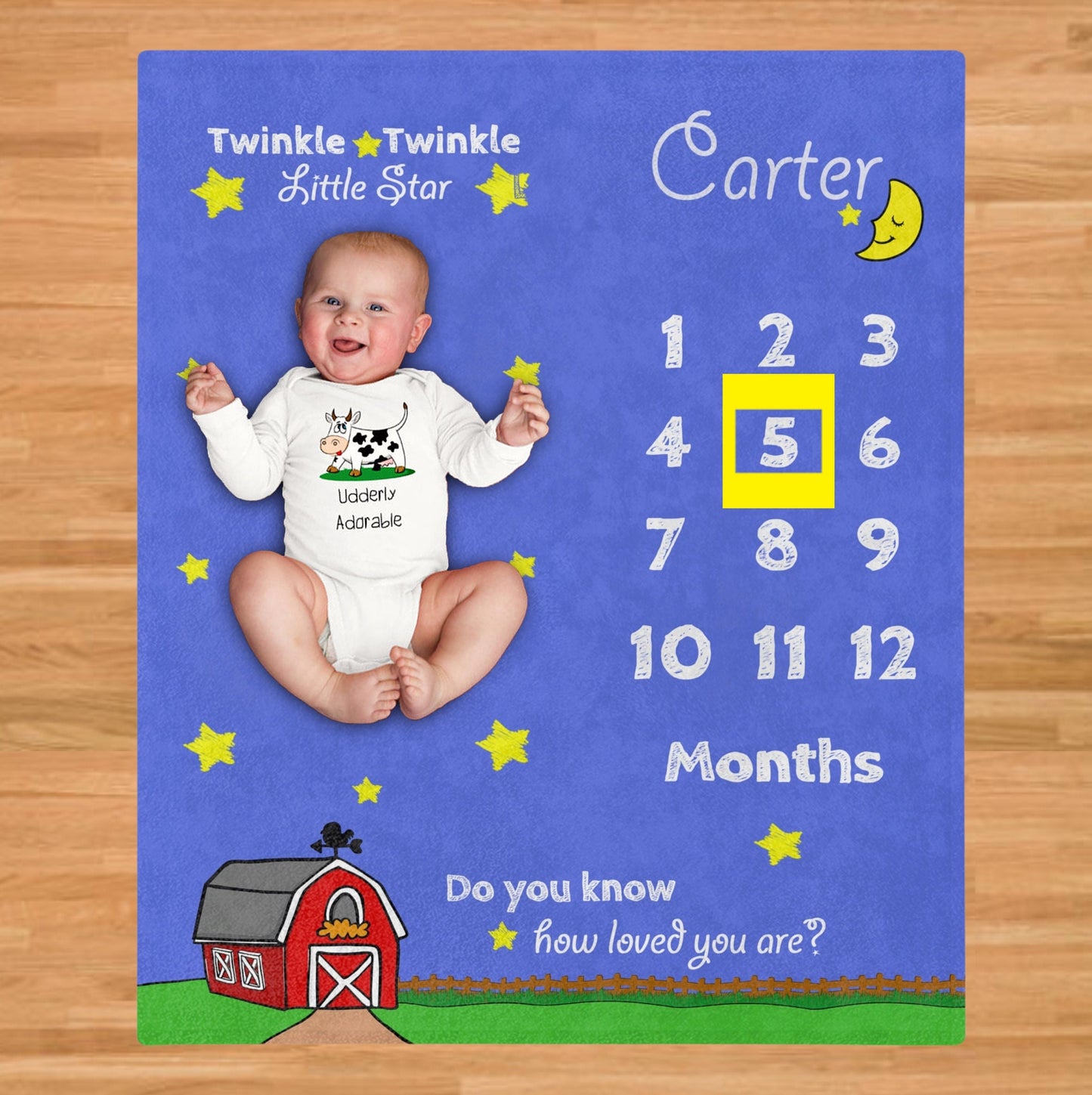 Personalize Monthly Farm Milestone Blanket, Twinkle Little Star with a Barn