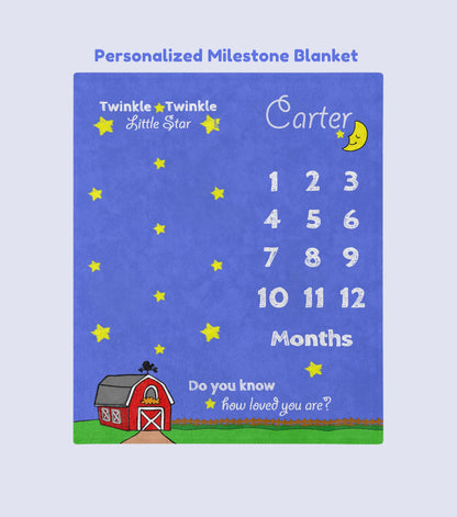 Personalize Monthly Farm Milestone Blanket, Twinkle Little Star with a Barn