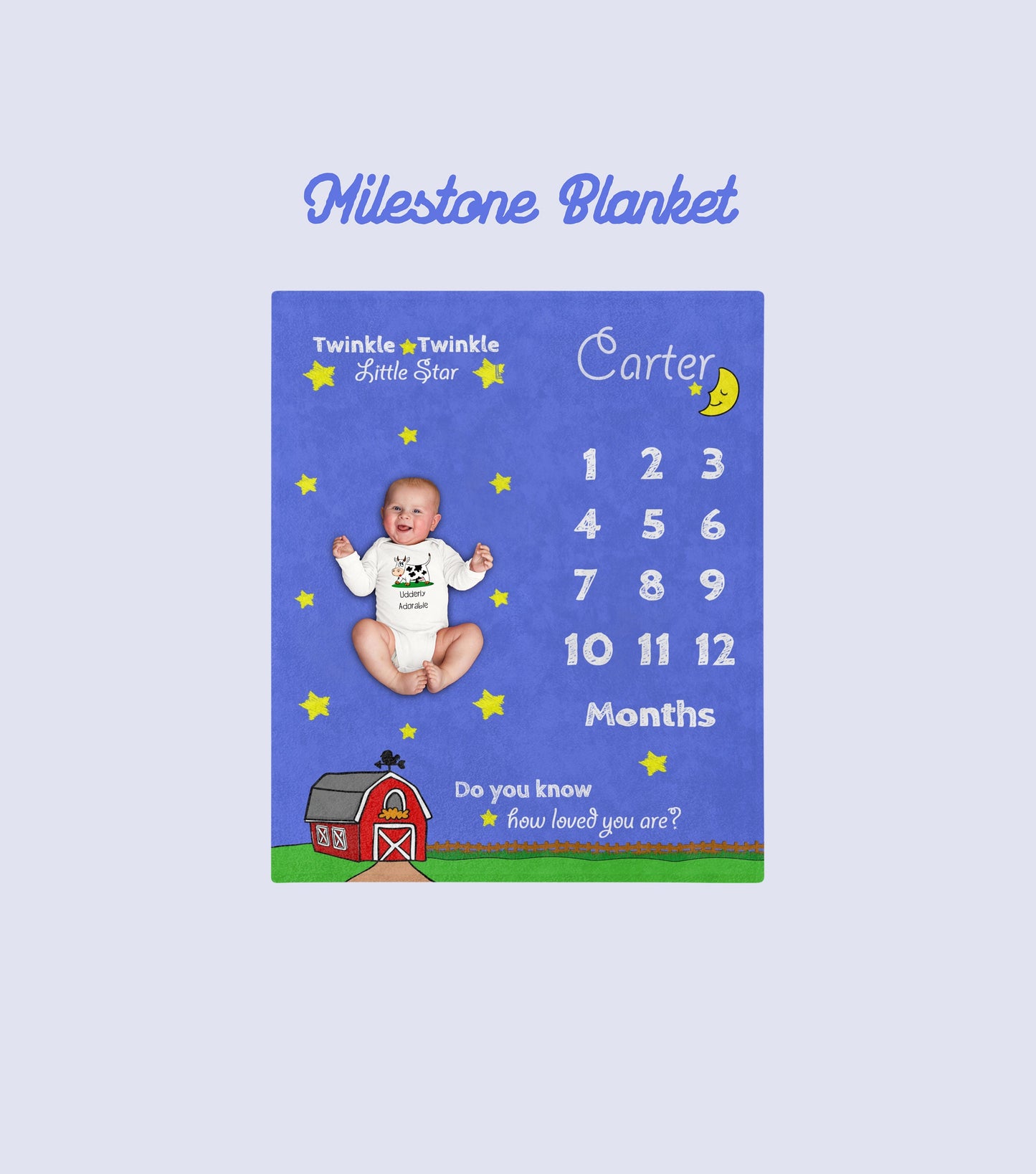 Personalize Monthly Farm Milestone Blanket, Twinkle Little Star with a Barn