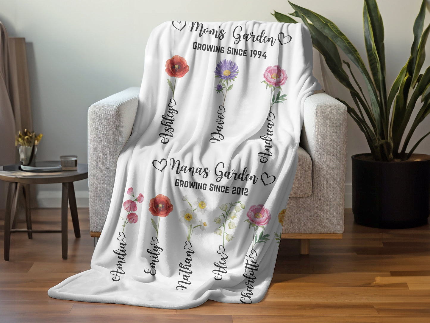 Personalized Grandma's Garden Blanket, Custom Birth Month Flower Blanket, Nana's Throw Mom's Print Granny Mother's Day Gift Special Keepsake