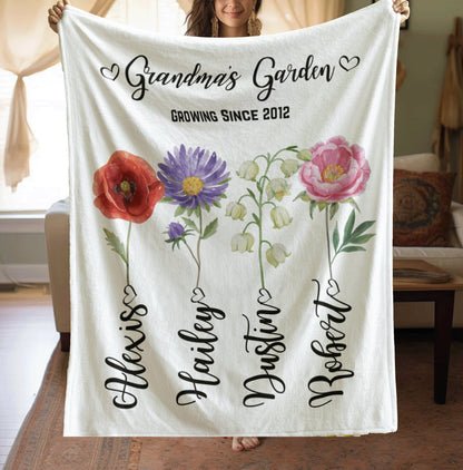 Personalized Grandma's Garden Blanket, Custom Birth Month Flower Blanket, Nana's Throw Mom's Print Granny Mother's Day Gift Special Keepsake