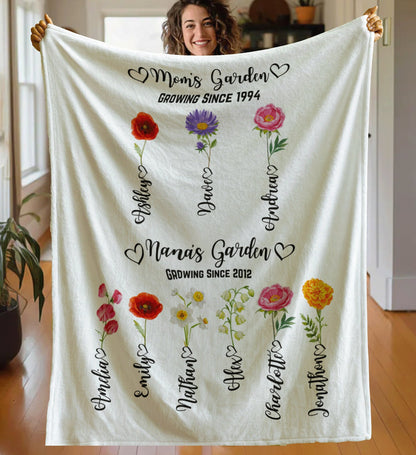 Personalized Grandma's Garden Blanket, Custom Birth Month Flower Blanket, Nana's Throw Mom's Print Granny Mother's Day Gift Special Keepsake