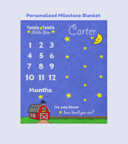 Personalize Monthly Farm Milestone Photo Blanket, Twinkle Little Star with Barn & Smiling Moon