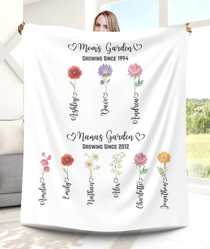 Personalized Grandma's Garden Blanket, Custom Birth Month Flower Blanket, Nana's Throw Mom's Print Granny Mother's Day Gift Special Keepsake