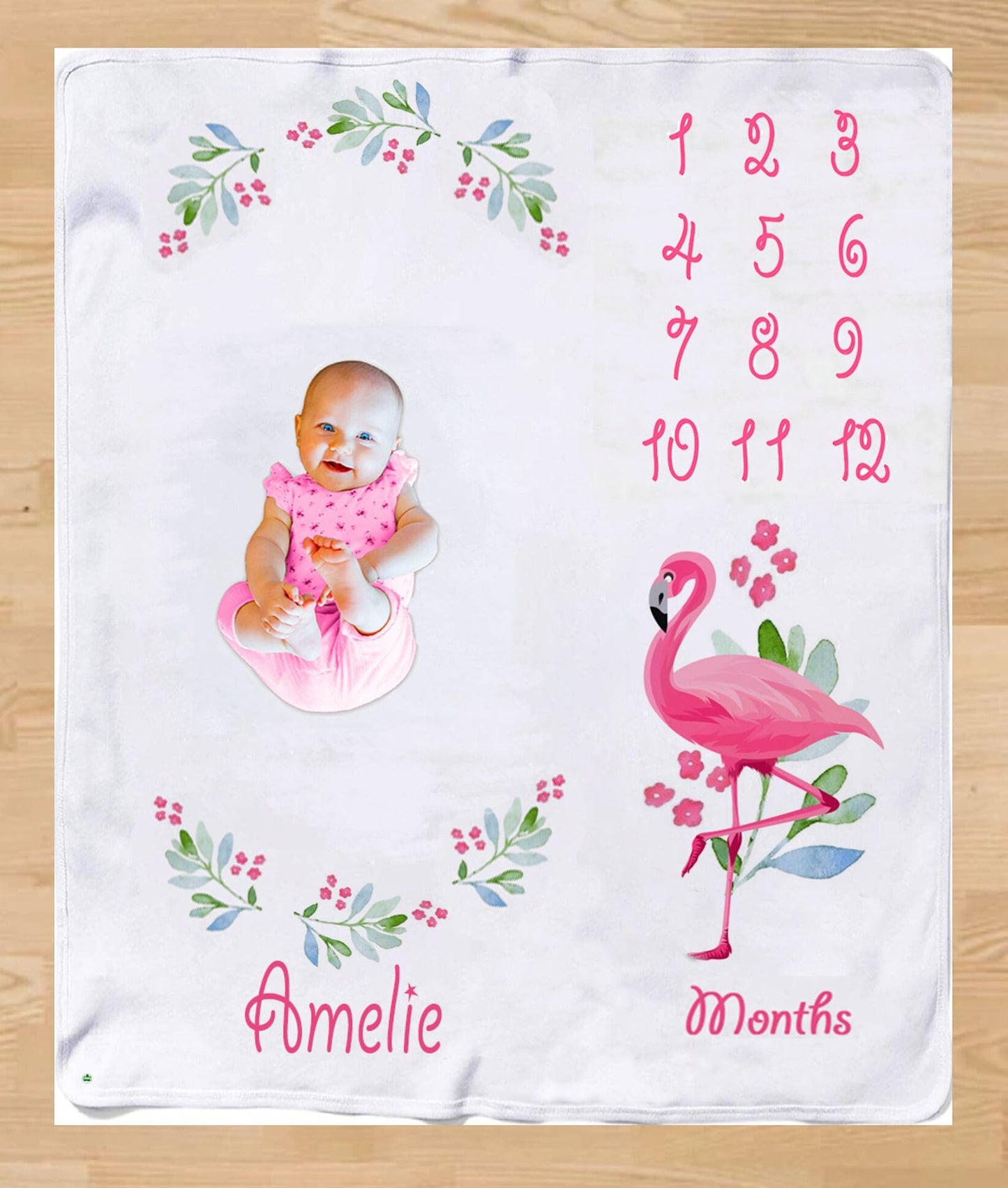 Personalized Flamingo Milestone Blanket Monthly Baby Girl Photo Prop Floral Nursery Decor, Pink Custom Name Newborn Shower Gift Soft Tracker