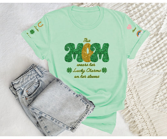 St Patty Day Green Lucky Mama Shirt with Children Name on Sleeve, Custom Irish Mom Gift, Shamrock Rainbow Patrick Personalized Grandma Mommy