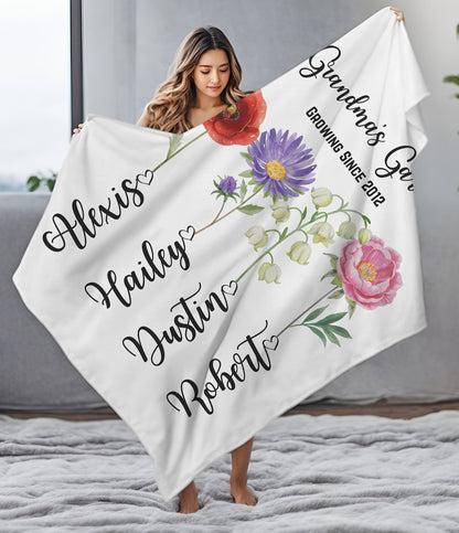 Personalized Grandma's Garden Blanket, Custom Birth Month Flower Blanket, Nana's Throw Mom's Print Granny Mother's Day Gift Special Keepsake