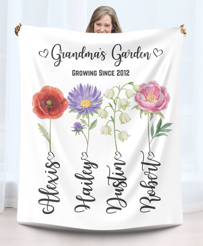 Personalized Grandma's Garden Blanket, Custom Birth Month Flower Blanket, Nana's Throw Mom's Print Granny Mother's Day Gift Special Keepsake