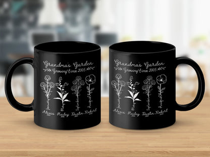 Grandma's Garden Birth Flowers Personalized Mug, Custom Names and Dates, Gift for Nana, Mothers Day, or Mom