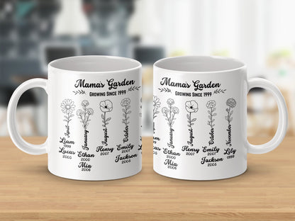 Grandma's Garden Birth Flowers Personalized Mug, Custom Names and Dates, Gift for Nana, Mothers Day, or Mom