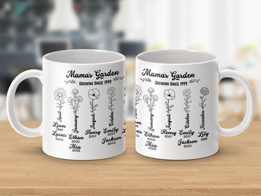 Grandma's Garden Birth Flowers Personalized Mug, Custom Names and Dates, Gift for Nana, Mothers Day, or Mom