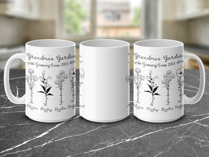 Grandma's Garden Birth Flowers Personalized Mug, Custom Names and Dates, Gift for Nana, Mothers Day, or Mom